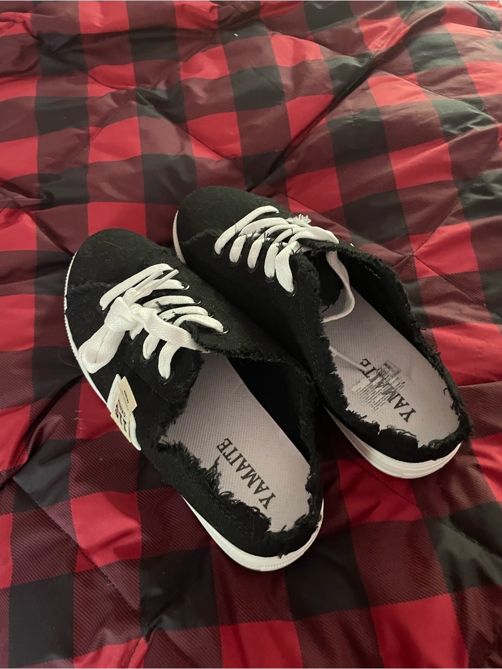 Yamato Black Frayed Slip-On Sneakers with White Laces